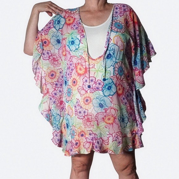 Bleu Rod Beattie Other - Bleu Rod Beattie Floral Ruffle Sleeve L XL 1X 12 14 Multicolor Kaftan Coverup